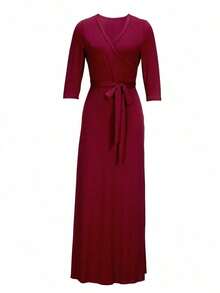 2026 Vestido de mujer con cuello en V y cintura ceñida, manga corta, elegante negro para primavera/verano - Burdeos - Ver 3
