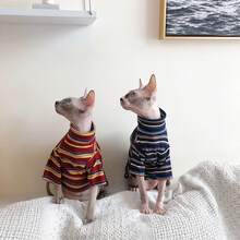 秋冬季无毛猫暹罗缅因猫服装，斯芬克斯猫、德文卷毛猫、阿比西尼亚猫亲肤透气保暖空调毛衣，高领条纹短袖家居服 - 酒紅色 - 查看 6