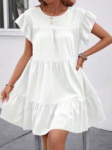 QRHJKa Vestido de Verano para Mujer, Color Sólido, Cuello Redondo, Estilo Babydoll Holgado con Volantes, Traje de Playa para Vacaciones, Vestido Casual Amarillo para Mujer, Vestido de Vacaciones, Ropa de Verano para Mujer - Blanco - Ver 6