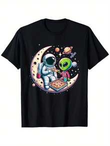 Funny Astronaut And Alien Pizza Party T-Shirt - Unisex Cotton Outdoor T-Shirt, Black With Vibrant Space Design, Sizes S-XXXL, Perfect For Casual Wear, Hiking And Everyday Fun - 黑色 - 查看 6