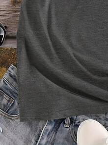 Camiseta de Impresión Gráfica, Manga Corta Cuello Redondo Top Casual para Verano y Primavera, Ropa de Mujer - Gris Oscuro - Ver 5