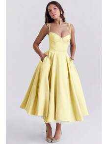 Vestido midi de satén con escote de corazón, vestido de graduación con tirantes finos y vuelo con bolsillos para bodas y eventos formales - Amarillo - Ver 5