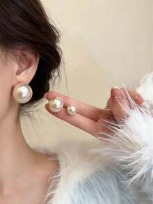 1 pieza Pendientes de perla con estampado francés de lunares para mujeres, diseño minimalista, pendientes de alta gama nuevos para 2024 - Pendientes de perlas de algodón con lunares - Ver 9