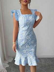 Vestido elegante de jacquard para ir al trabajo, verano - Azul - Ver 6