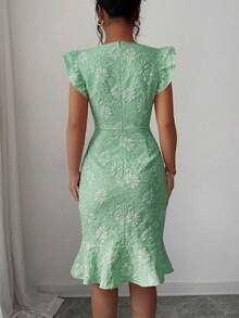 Vestido elegante de jacquard de cuello cuadrado y manga corta para uso diario, verano - Verde Claro - Ver 2