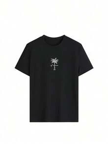 1 pieza de camiseta de manga corta con cuello redondo y estampado minimalista de cocotero para mujer, sencilla y versátil, adecuada para uso diario y de vacaciones. Camiseta con Estampado, Mujer, Blanco, Negro, Rosa, Verano, 180g, 100% Algodón - Negro - Ver 5