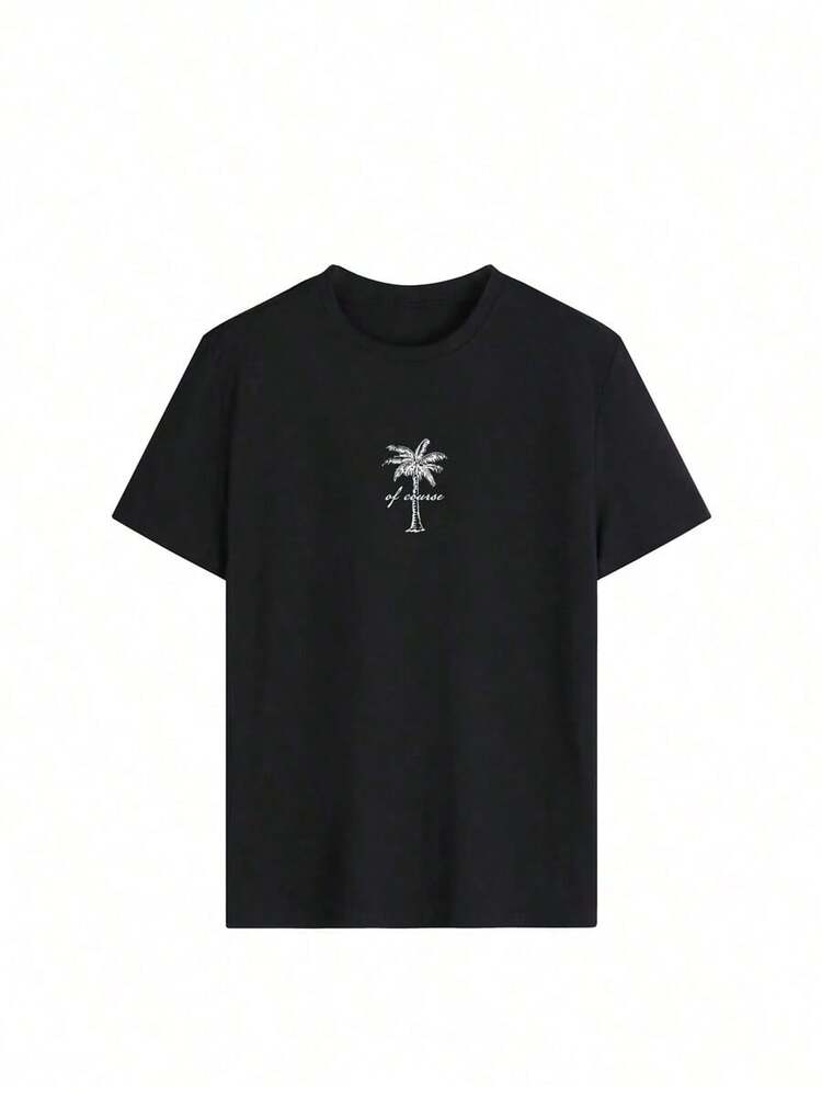 Minimalist Short-Sleeved T-Shirt With A Coconut Print. Available In Three Colors, Comfortable For Summer, Everyday Wear, And Travel. - Black - View 4