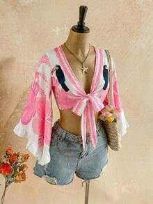 Conjunto de Verano para Mujer, Casual para Vacaciones, Blusa con Estampado de Leopardo, Manga Acampanada y Puño con Volantes, con Lazo Frontal - Rosa - Ver 6
