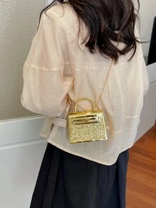 新款亚克力水钻装饰晚宴包，女士迷你单肩斜挎包，口红包 - 金色 - 查看 5