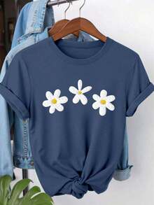 Camiseta de algodón 100% con cuello redondo, manga corta y estampado de perlas falsas, top casual de verano para mujer - Azul marino 4 - Ver 6
