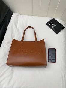 Bolso de mano grande para mujer, de material de piel sintética, con diseño de doble correa para el hombro, espacioso para ir al trabajo y de compras - Marrón - Ver 5