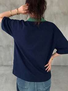 Camiseta holgada a rayas para mujer, cuello polo, manga corta, ropa casual de verano, ropa para la vuelta al cole. - Rosa - Ver 8