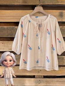 Summer Floral Chiffon Blouse For Mom, Tie Neck Front Button Design, Suitable For Vacation, Daily Wear And Family Gatherings - Beige - View 3