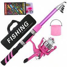 KecchKrezing Pink Telescopic Fishing Rod And Spinning Reel Set - 2.1m Lightweight Portable Fishing Rod, Includes Fishing Gear Set, Storage Bag, Folding Bucket, Suitable For Freshwater Fishing - Pink - View 2