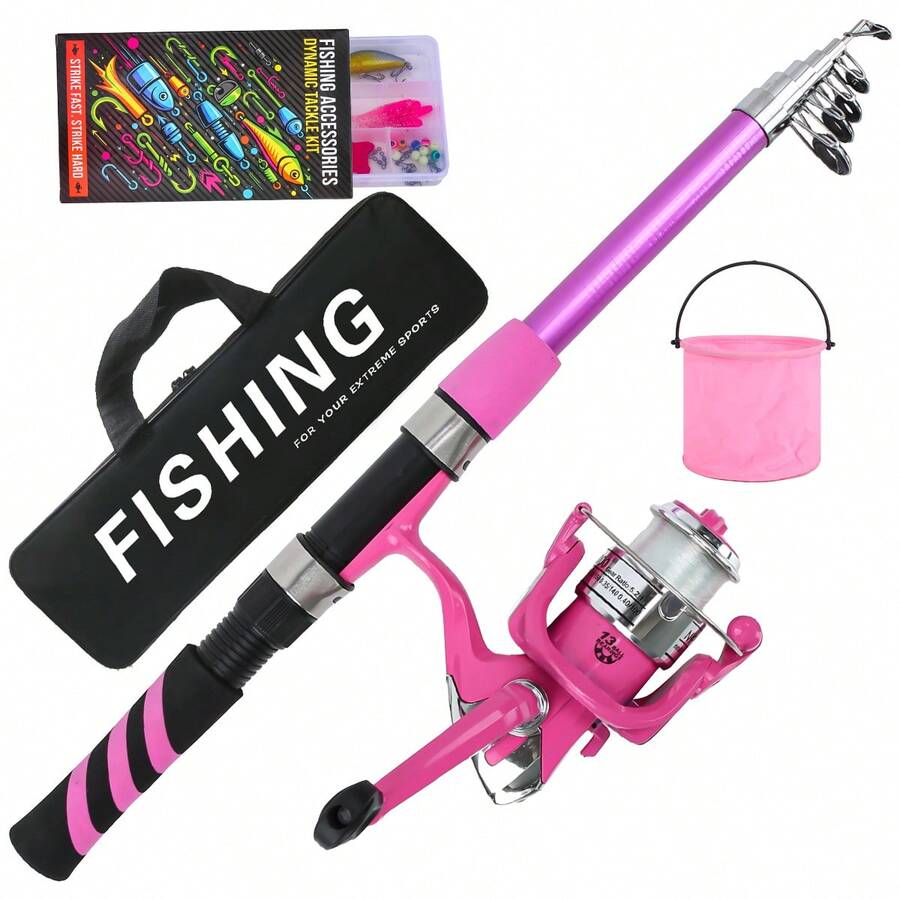 KecchKrezing Pink Telescopic Fishing Rod And Spinning Reel Set - 2.1m Lightweight Portable Fishing Rod, Includes Fishing Gear Set, Storage Bag, Folding Bucket, Suitable For Freshwater Fishing
