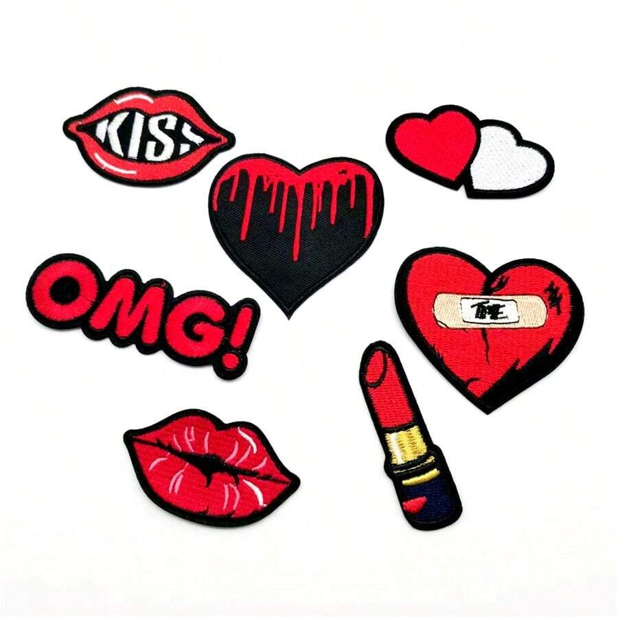 7 buc patch-uri brodate cu desene animate cu dragoste roșie, patch-uri termoadezive, insigne decorative, potrivite pentru îmbrăcăminte și accesorii DIY, patch-uri decorative cu elemente de călătorie, patch-uri termoadezive - C - Vizualizare 1