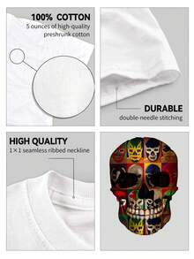 Alternative Style Men's Short Sleeve T-Shirt With Skull Print Formed By Multiple Colorful Lucha Libre Masks, Creative And Vibrant Design, Loose Fit, Ideal For Urban Art And Mexican Culture Lovers, 220 G 100% Cotton, Soft, Breathable And Long-Lasting, Artistic - 白色 - 查看 4