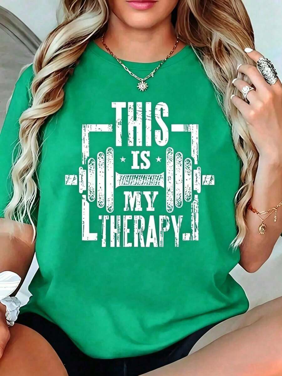 CasualPlayera Negra con Frase "ESTO ES MI TERAPIA" y Gráfico de Mancuerna, Camiseta de Motivación Fitness y Gimnasio, Blusa Oversize Holgada Estilo Grunge, Tops Regalo para Entrenadores y Amantes de PesasMust-have - Verde - Ver 1