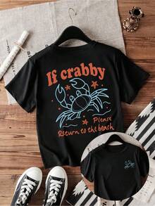大尺碼女款「IF CRABBY」字母與海灘螃蟹圖案圓領短袖T恤，休閒舒適百搭度假風上衣，時尚春夏款，適合日常穿著、戶外、海灘，黑色 - 黑色 - 查看 4