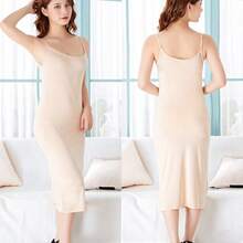 1 Piece, Extra-Long Spaghetti Strap Tank Top, Women's Summer Solid Color Base Dress, Nightgown, Slim Fit, See-Through Inner Lining Dress, Women's Backless - 杏色 - 查看 1