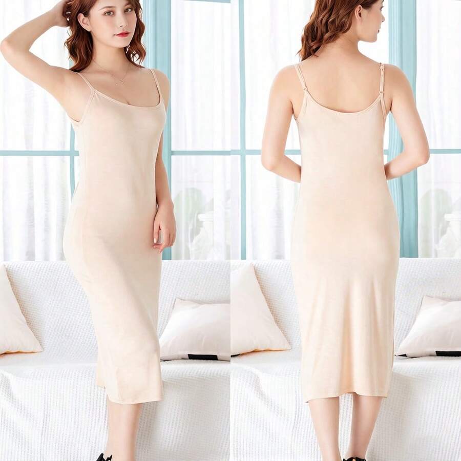 1 Piece, Extra-Long Spaghetti Strap Tank Top, Women's Summer Solid Color Base Dress, Nightgown, Slim Fit, See-Through Inner Lining Dress, Women's Backless - 杏色 - 查看 1