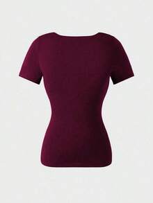 Blusa de manga corta con cuello cuadrado, elegante y versátil, adecuada para uso diario, ir al trabajo y salir, primavera y verano - color ciruela - Ver 7