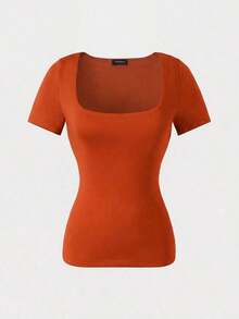 Blusa de manga corta y cuello redondo casual y elegante, adecuada para uso diario, ir al trabajo y salir, primavera/verano - Naranja - Ver 6