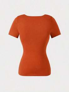 Blusa de manga corta y cuello redondo casual y elegante, adecuada para uso diario, ir al trabajo y salir, primavera/verano - Naranja - Ver 7