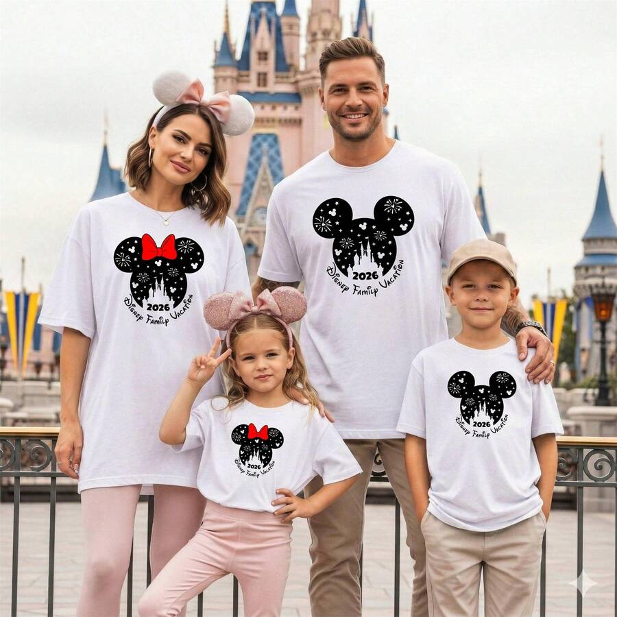 Disney "Disney Family Vacation 2026" Castle & Ears Family Coordinating T-Shirt, Perfect For Family Trips, Vacations & Theme Parks. Clean Design, Suitable For Disney Travel, Family Gatherings & Everyday Wear, For Adults & Kids. Made Of Breathable Cotton Fabric, Comfortable & Durable. Versatile Castle & Mickey Ears Print, Best Gift For Disney Fans & Families. - 女士/孩子T卹 - 查看 1