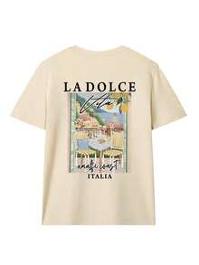 Nueva Camiseta de Verano para Mujer, Casual, Colorida, con Estampado de Letras y Pintura al Óleo, Cuello Redondo, Manga Corta Rosa, Versátil y a la Moda, Adecuada para Tops de Mujer, Ocio en Vacaciones y Vacaciones de Primavera, Blanca - Albaricoque - Ver 2