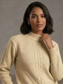 Women's Modal Knit Winter Blouse With Braided High Neck, Modern Style - Cream - View 3