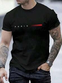 Camiseta casual de manga corta con cuello redondo y estampado de letras para hombre, verano en tela poliester semitransparente ligera - Negro - Ver 9