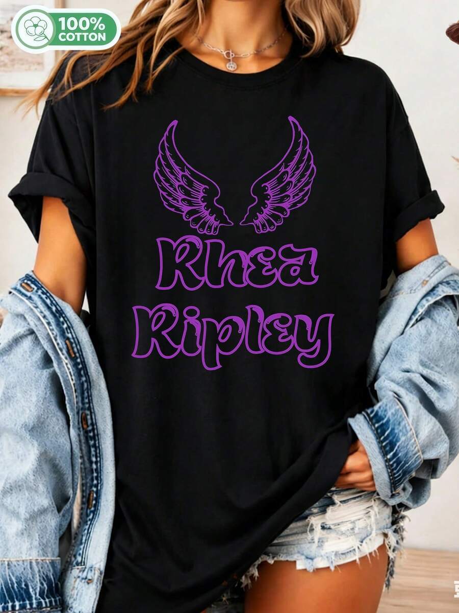 Rhea Ripley Purple Wings Grafisk T-shirt, WWWE Pro Wrestler Unisex Bomulls-T-shirt, Streetwear-topp för Wrestling-fans - Svart - Visa 1