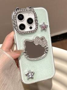 SANRIO 1 chiếc ốp lưng điện thoại hình mèo KT lấp lấp lánh có gương trang điểm, tương thích với Apple 11-17 Pro Max - màu xanh da trời - Xem 2