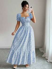 vestido de mujer con estampado digital, mangas abullonadas, nudo delantero, espalda descubierta y cintura ceñida.Elegante y chic para vacaciones, citas, estilizador y adelgazante - Azul - Ver 7