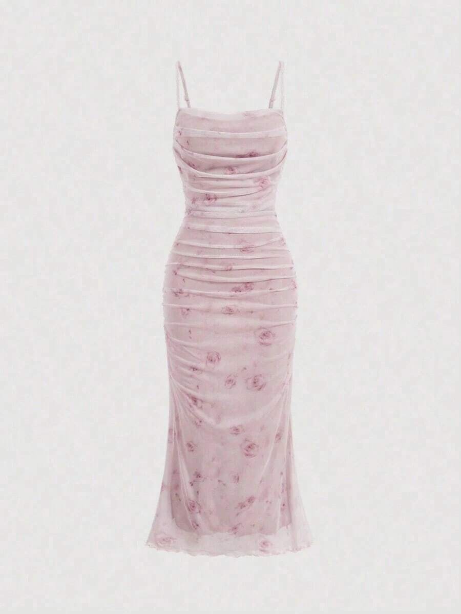 Vestido de cola de pez con estampado floral elegante para mujer, verano - Rosa Pálido - Ver 1
