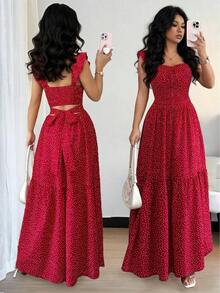 Vestido elegante de unicolor con volantes y lazo delantero para mujer - Dark Blue - Ver 1