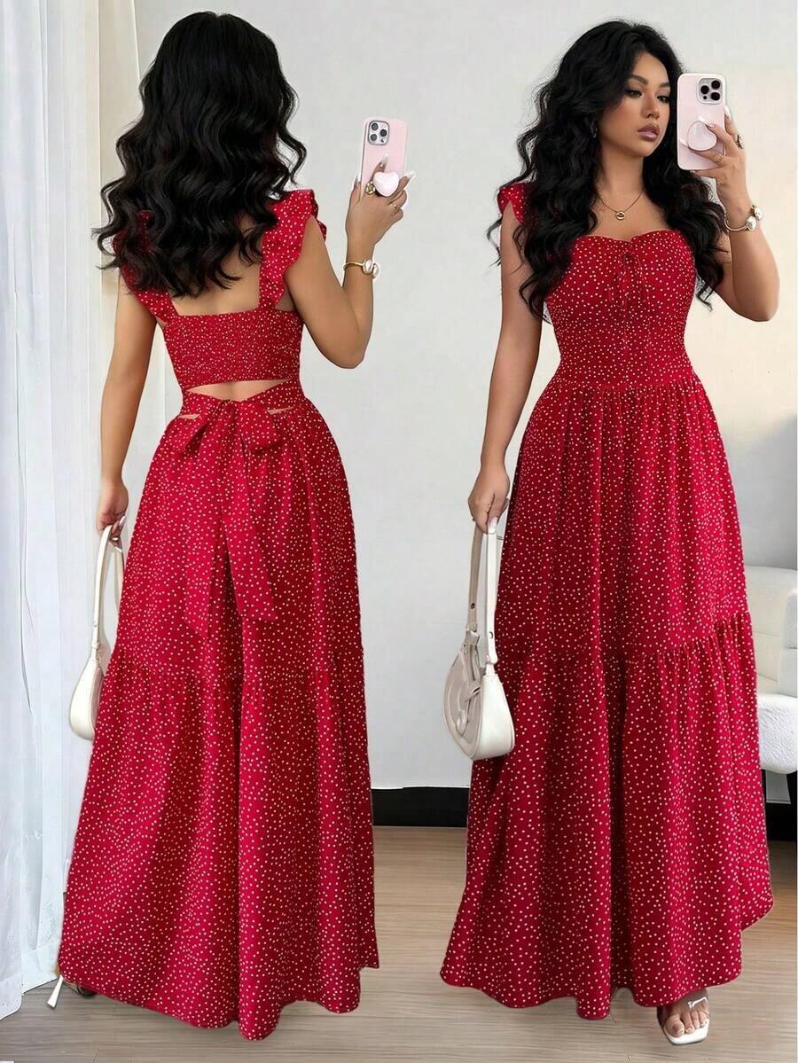 Vestido elegante de unicolor con volantes y lazo delantero para mujer - Dark Blue - Ver 1