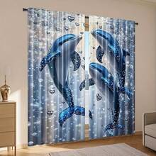 2 piezas de cortinas con estampado de delfines azules, crean una atmósfera marina, adecuadas para dormitorio o sala de estar, tela de poliéster lavable a máquina, estilo de bolsillo para barra, protección de privacidad, cortinas decorativas para todo el año - Multicolor - Ver 6