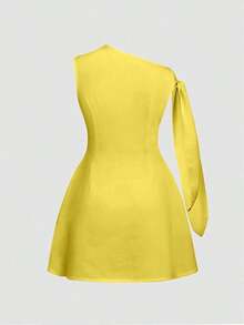 Vestido corto minimalista de mujer de unicolor elegante con hombros con lazo y sin mangas, de verano en colores claros - Amarillo - Ver 3