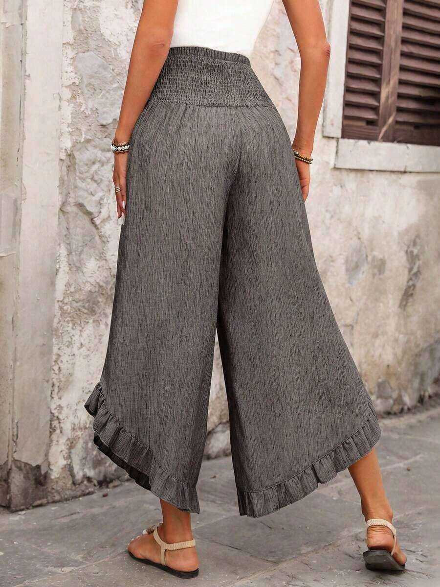 Pantalones anchos de cintura alta con volantes, estilo casual para vacaciones, aptos para primavera, verano y otoño - Marrón Mocha - Ver 1