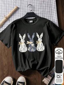 Plus Size Women's 100% Cotton Rabbit Print Blouse, Graphic Tee, Soft Fabric, Cotton Clothing, Outdoor Wear, Printed Print, Summer T-Shirt For Women, Blouse, Summer Top, Vacation Outfit, Travel Style, Beach Vibe, Minimalist Resort Wear - 黑色 - 查看 4
