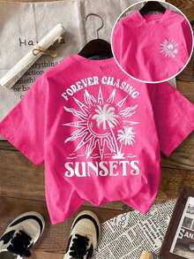 LUNE Women's T-Shirt, Casual Street Style Graphic Short Sleeve Tee, Cute Summer Top, Sunset Graphic Tee, Men's Graphic Tee, Summer T-Shirt, Sun Hoodie, Summer Sweatshirt, Summer Outfits For Women, Sweatshirts For Summer - 紫紅色 2 - 查看 5