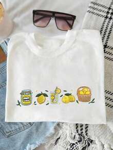 Camiseta de verano con estampado de limones bordado, camiseta de regalo para amantes de la comida, bonito regalo para ella, blusa de frutas a la moda para mujer, camiseta bordada de estilo veraniego para damas - Camiseta unisex de algodón suelto de manga corta y cuello redondo estilo vintage urbano. Blusas para mujer. blusas.blusas casuales para dama. - Blanco - Ver 3