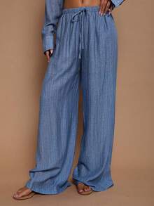 Damen Lässiges Blaues 2-Teiliges Set, bestehend aus Hemd mit Knopfkragen und weiter, strukturierter Hose, Loose Fit, für einen modischen Herbstlook - Blau - Übersicht 6