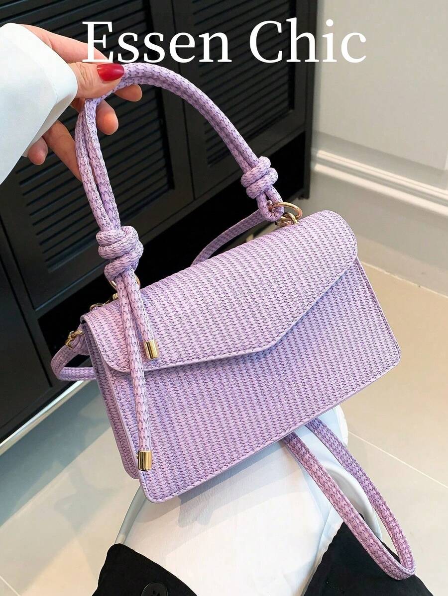Nuevo bolso cuadrado pequeño de mano con textura trenzada vintage, bolso de hombro y bandolera 3 en 1 para mujer - Morado - Ver 1