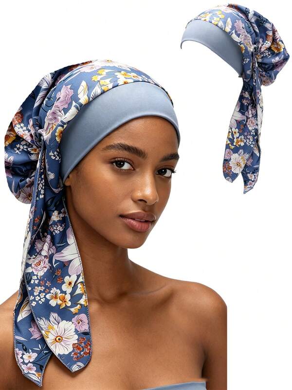 Khăn trùm đầu bằng satin in hoa màu xanh dương phong cách Bohemian, kiểu băng đô co giãn với lớp lót màu xanh nhạt, thanh lịch cho sử dụng hàng ngày, khi hóa trị và ban đêm, mềm mại, không trơn trượt, phù hợp cho bệnh nhân ung thư, chăm sóc và tạo kiểu tóc, đi biển, du lịch.