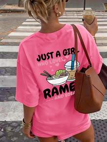 This Fuchsia Casual Round Neck T-Shirt Is Designed For Girls, Featuring A Creative Ramen Letter Graphic, Making It A Perfect Choice For Every Little Girl's Wardrobe. - Hot Pink - View 1