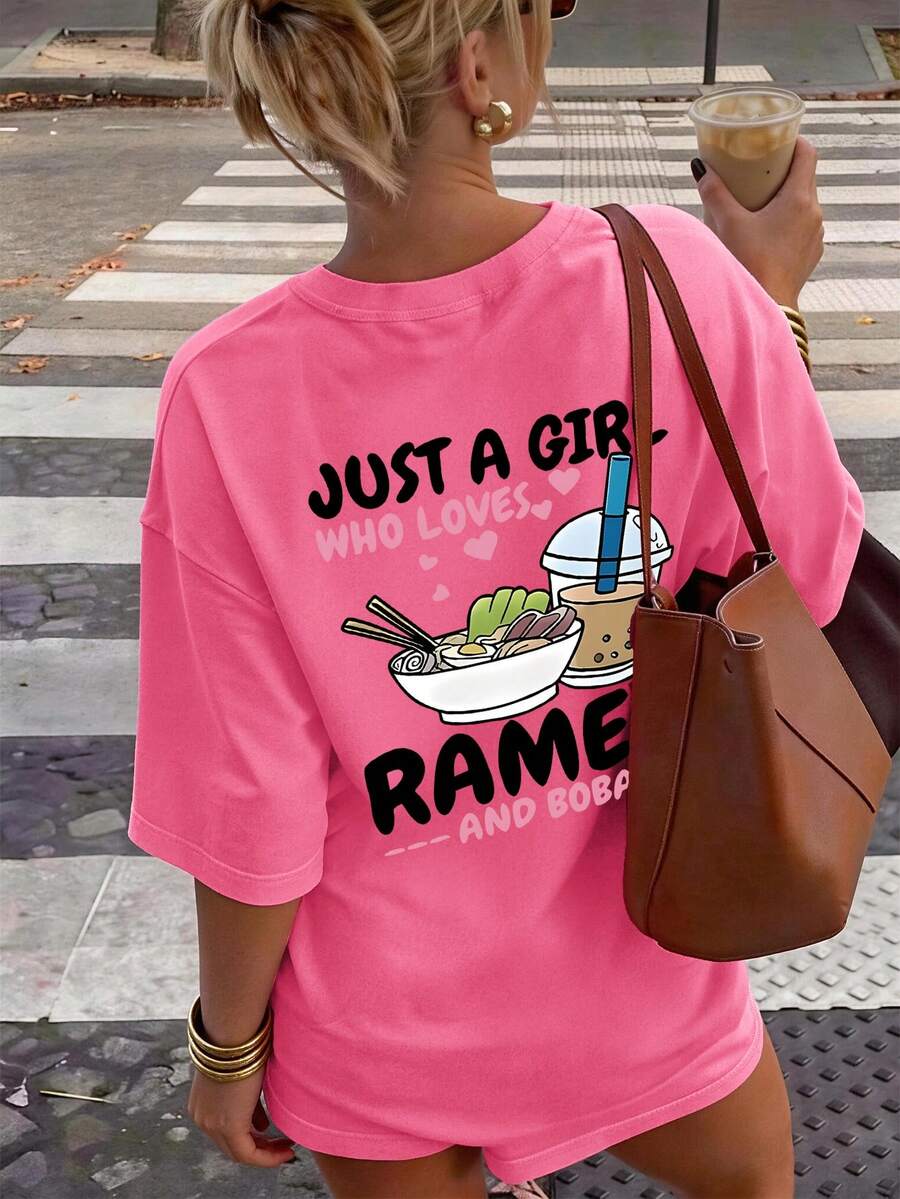 This Fuchsia Casual Round Neck T-Shirt Is Designed For Girls, Featuring A Creative Ramen Letter Graphic, Making It A Perfect Choice For Every Little Girl's Wardrobe. - Hot Pink - View 1