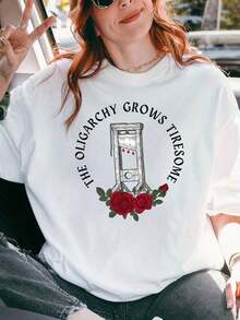 1 Piece Of Women's Basic Casual T-Shirt, Pure Cotton, With Anti-Capitalist Graphic Design - "The Oligarchy Grows", Short-Sleeved Crew Neck T-Shirt For Summer And Spring, White With Red Rose And Test Tube Print, French Revolution Theme, Satirical Gift For Wealthy People, Political Statement Clothing. | Satirical T-Shirt | Bold Letter Print 180g 100% Cotton - 白色 - 查看 7
